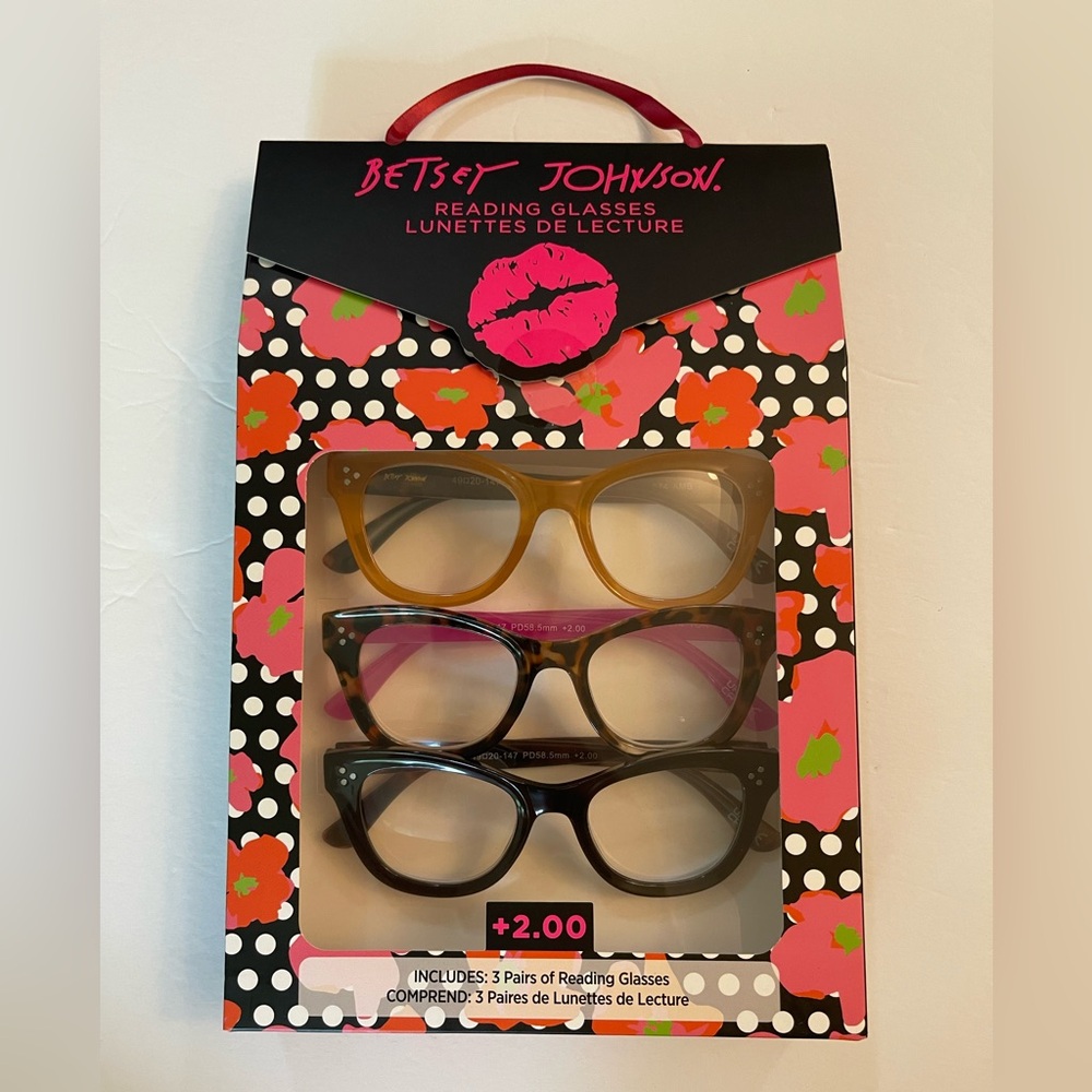 Betsey Johnson Designer 3 Pairs Of Fashion Reading Glasses +2.00 New